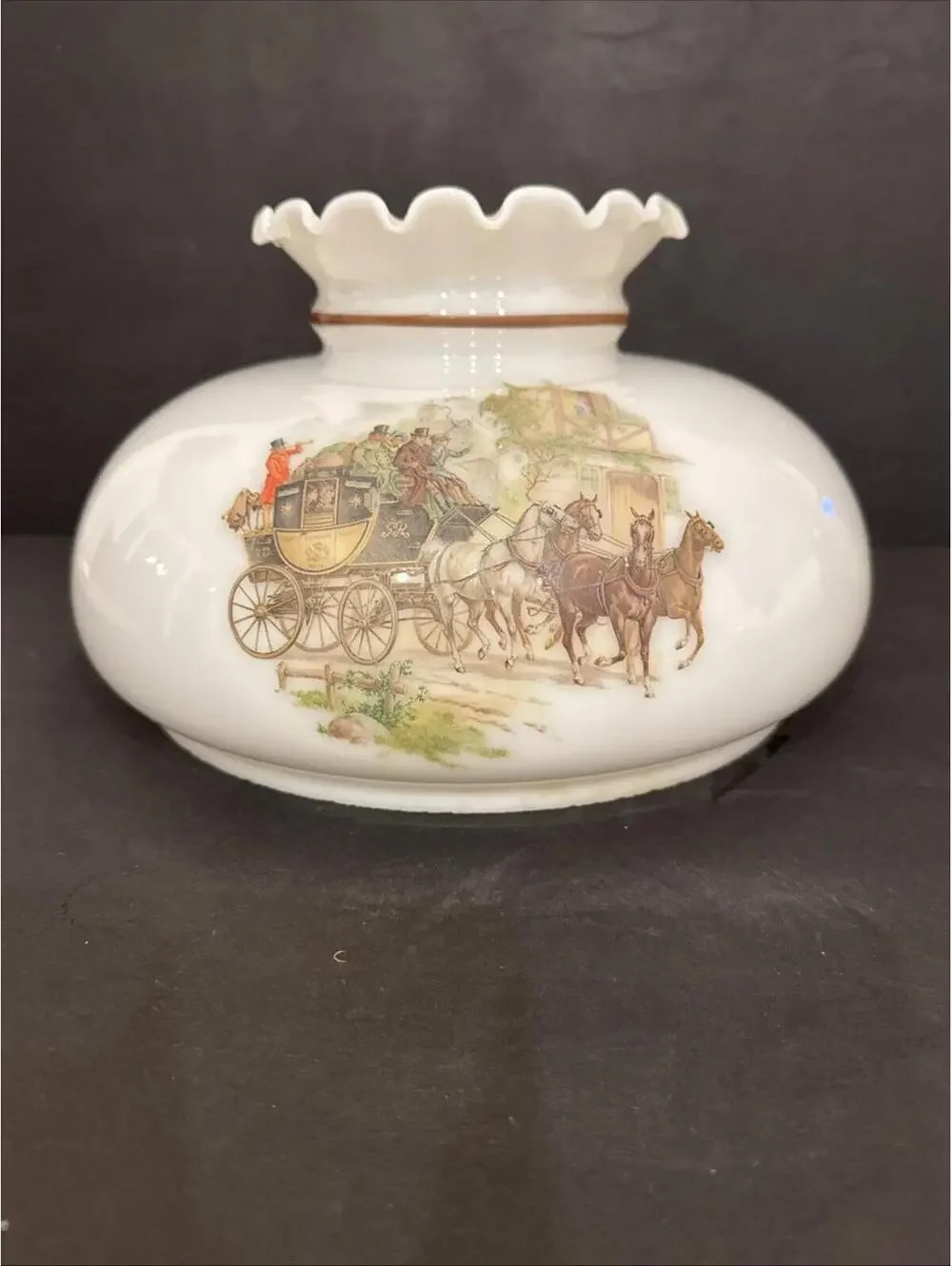 Vintage Milk Glass Lamp Shade With 3x Stagecoach Horse Scenes 9.75” Fitter